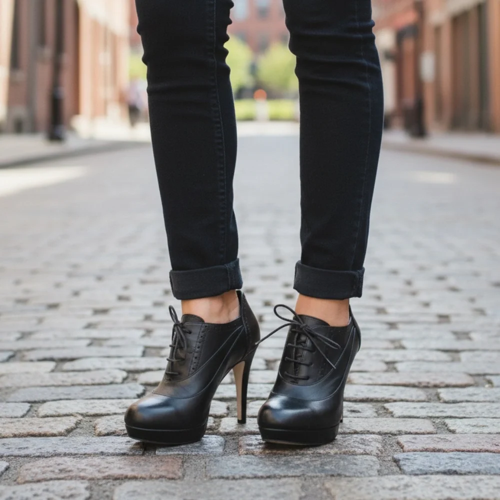 Bata Genuine Black Leather Oxford Stiletto/Pump Lace Up Platform Ankle Booties - Picture 2 of 14